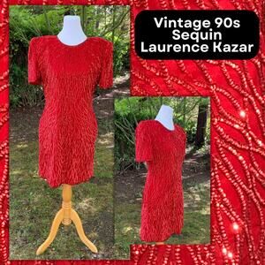 Petite Vintage 90s Red Sequin Cocktail Christmas Valentines Dress Fall Winter